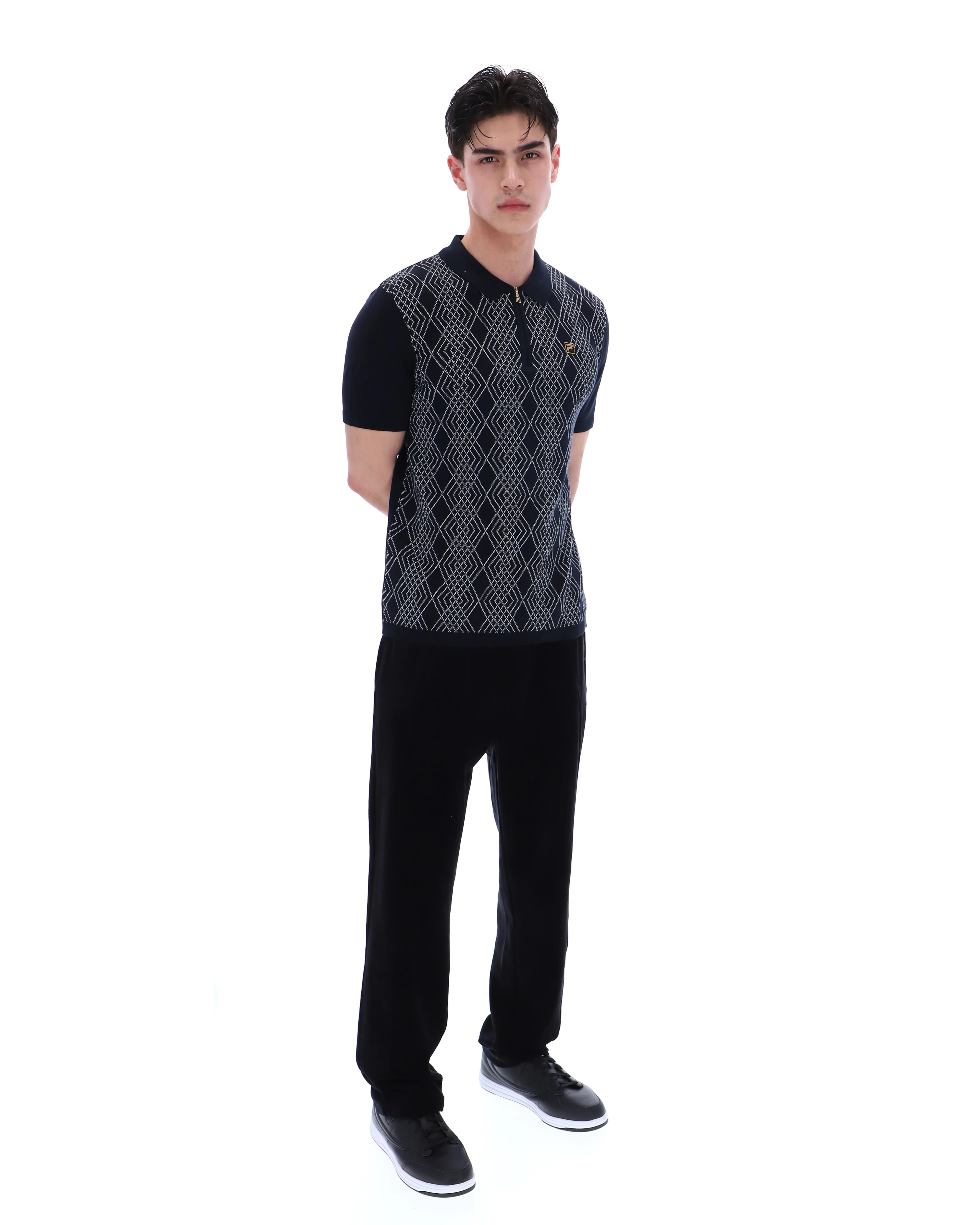 Black Castello Jacquard Knitted Polo with Zip - Image 3