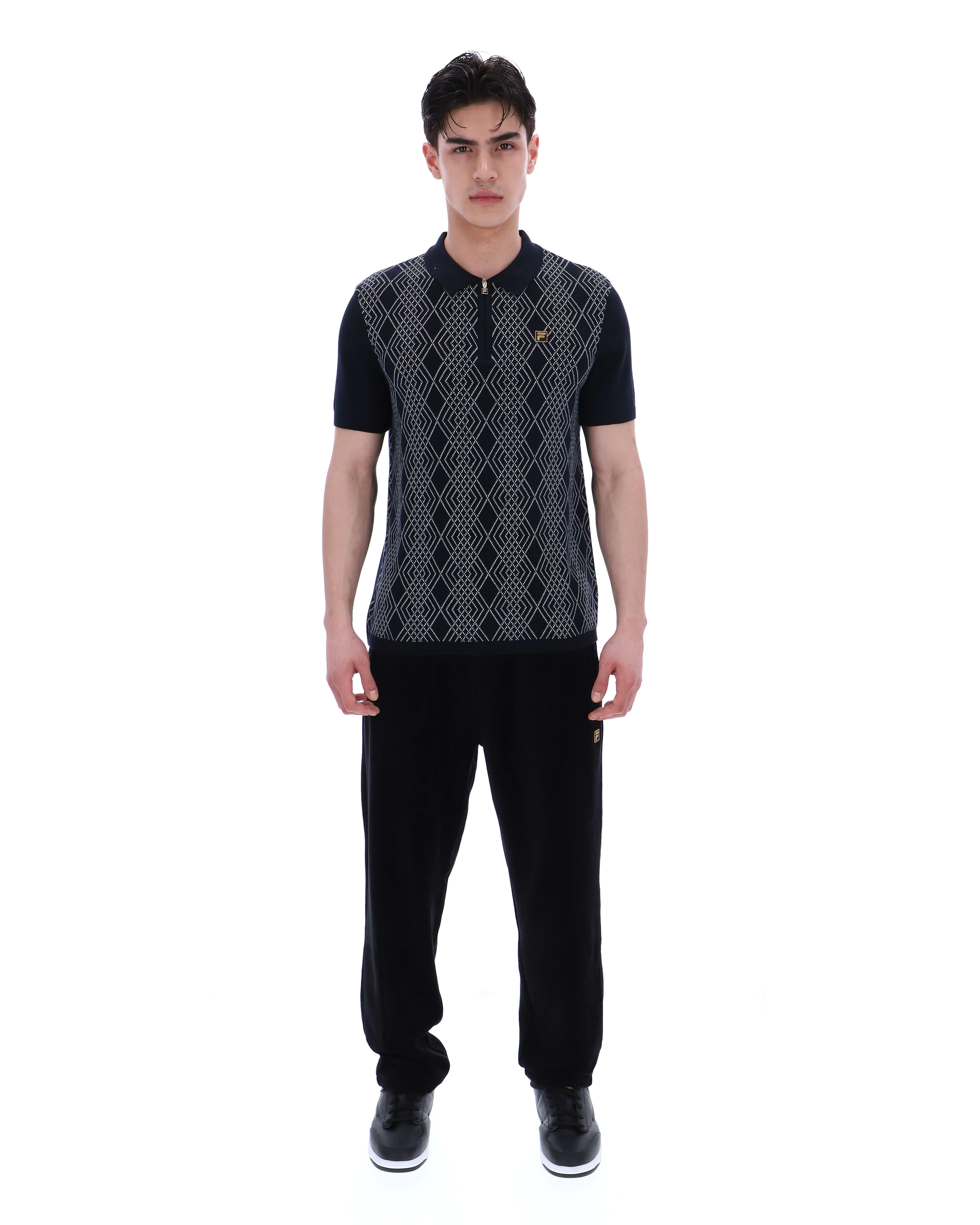 Black Castello Jacquard Knitted Polo with Zip - Image 4