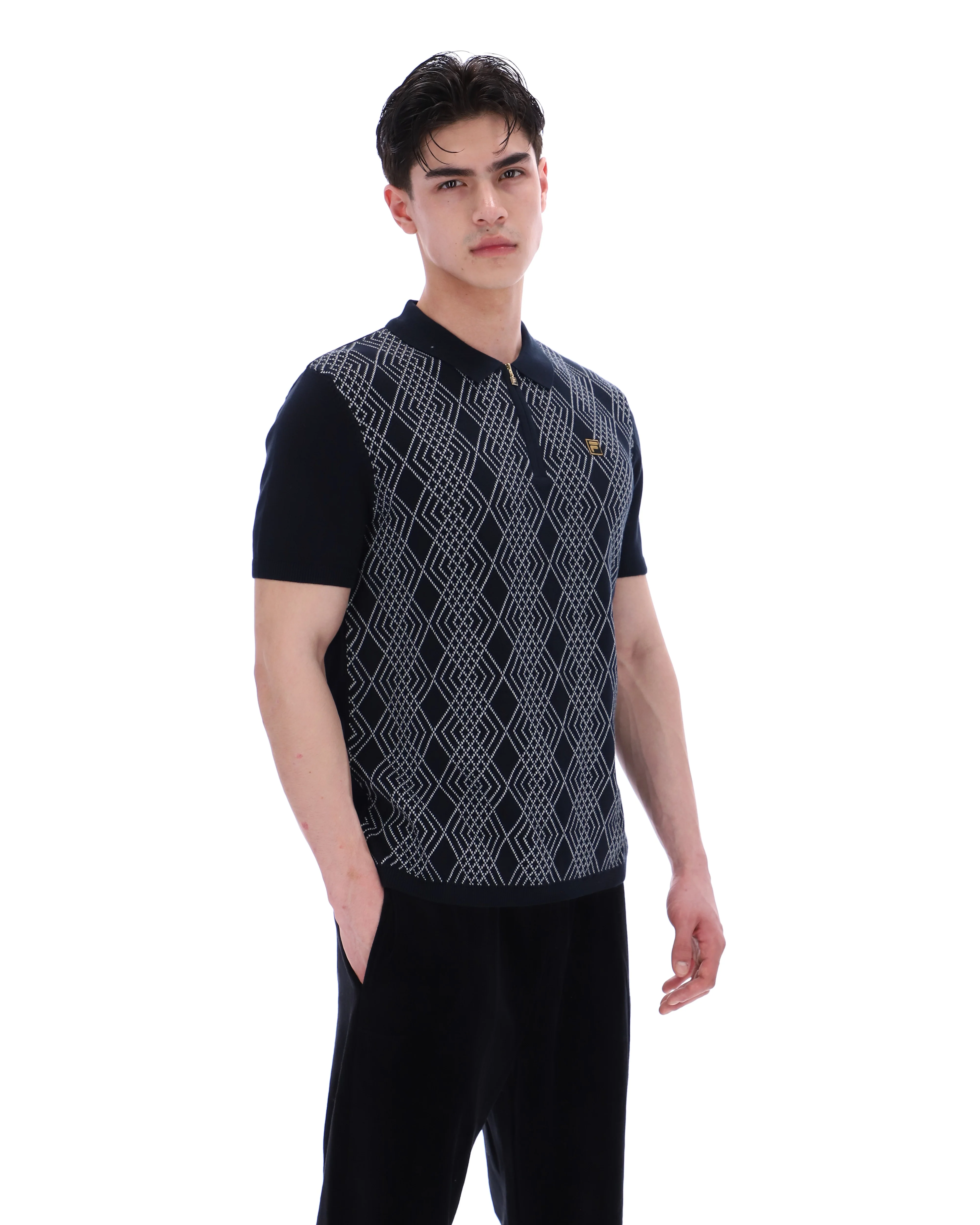 Black Castello Jacquard Knitted Polo with Zip - Image 6
