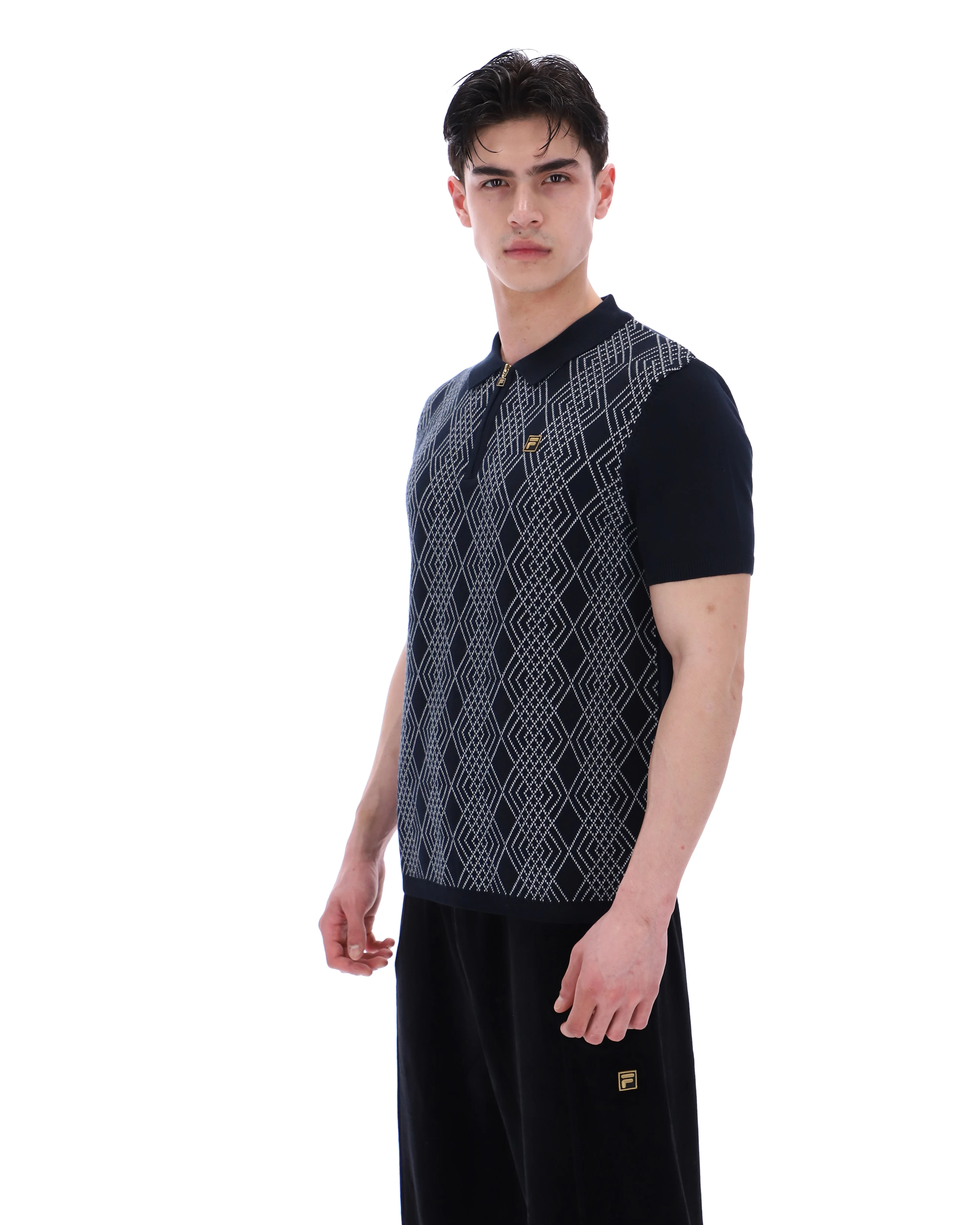 Black Castello Jacquard Knitted Polo with Zip - Image 7