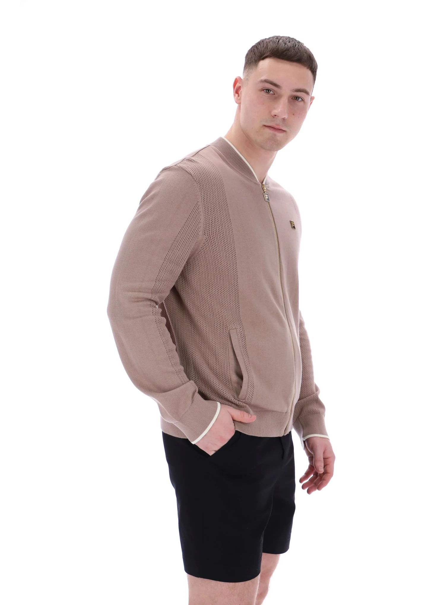 Mocha Meringue Ferguson Open Knit Pointelle Panel Track Top - Image 9