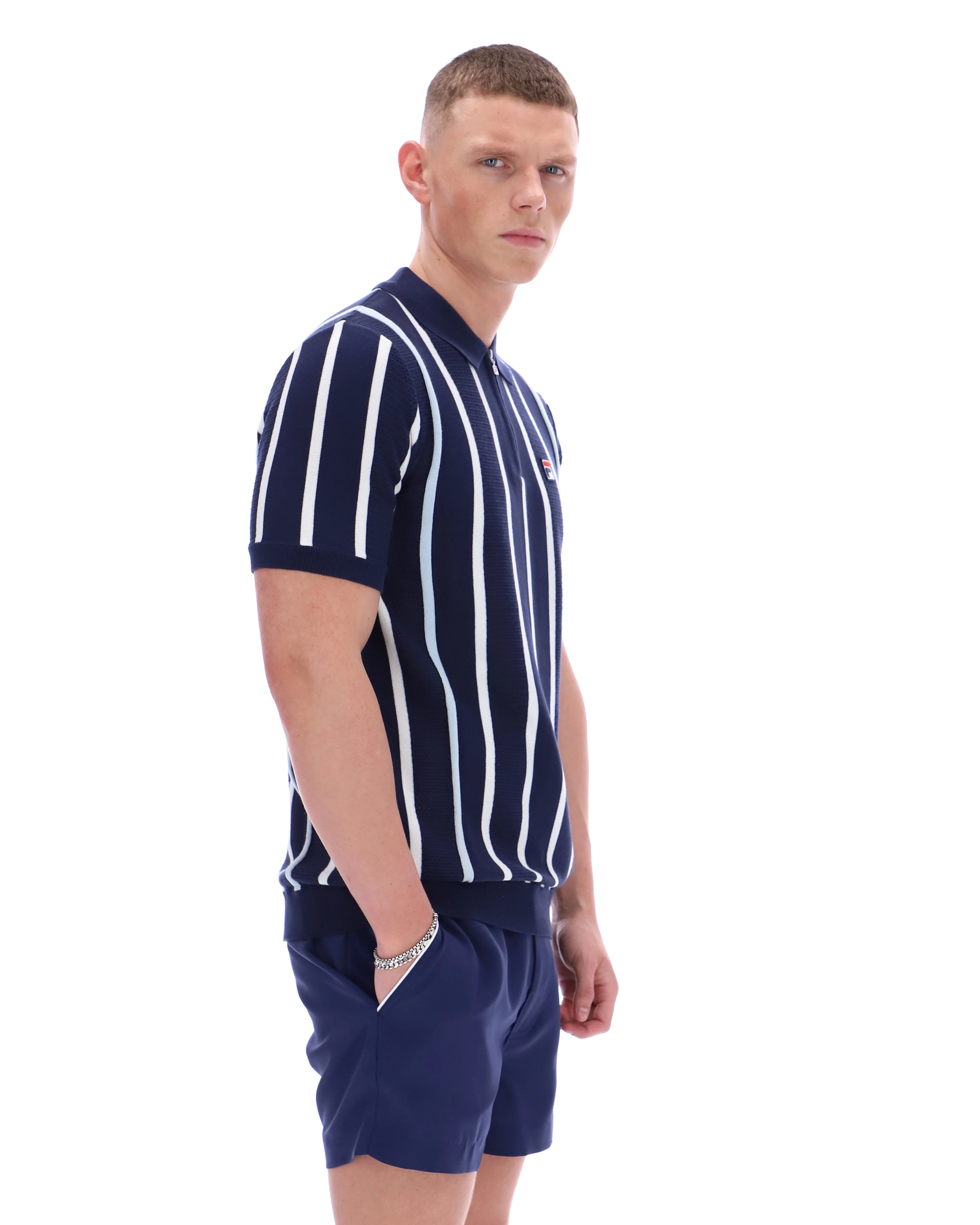 Fila Navy Giorgio Crochet Patchwork Knitted Polo - Image 5