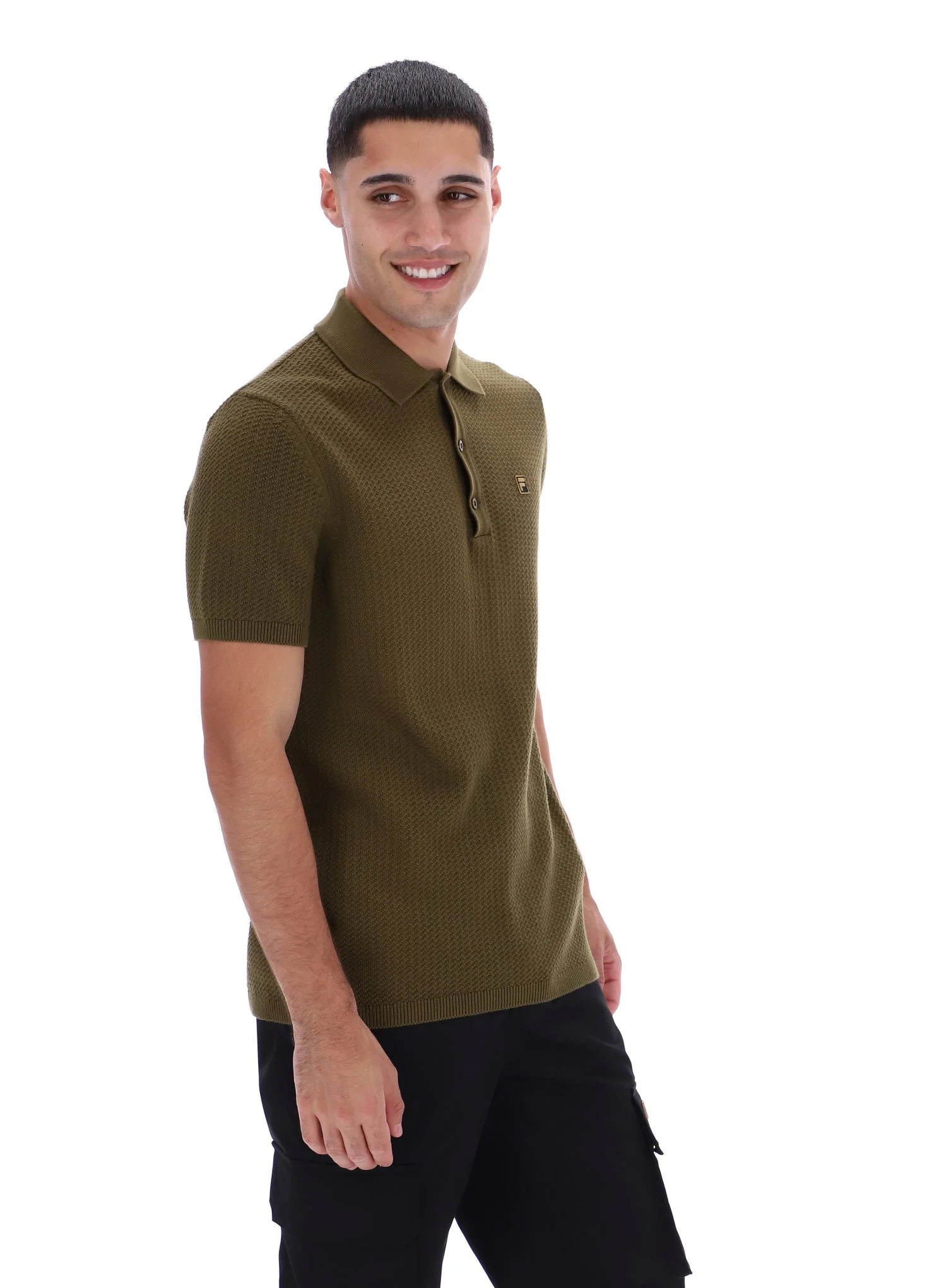 Dark Olive Sander Textured Knit Polo Shirt - Image 2