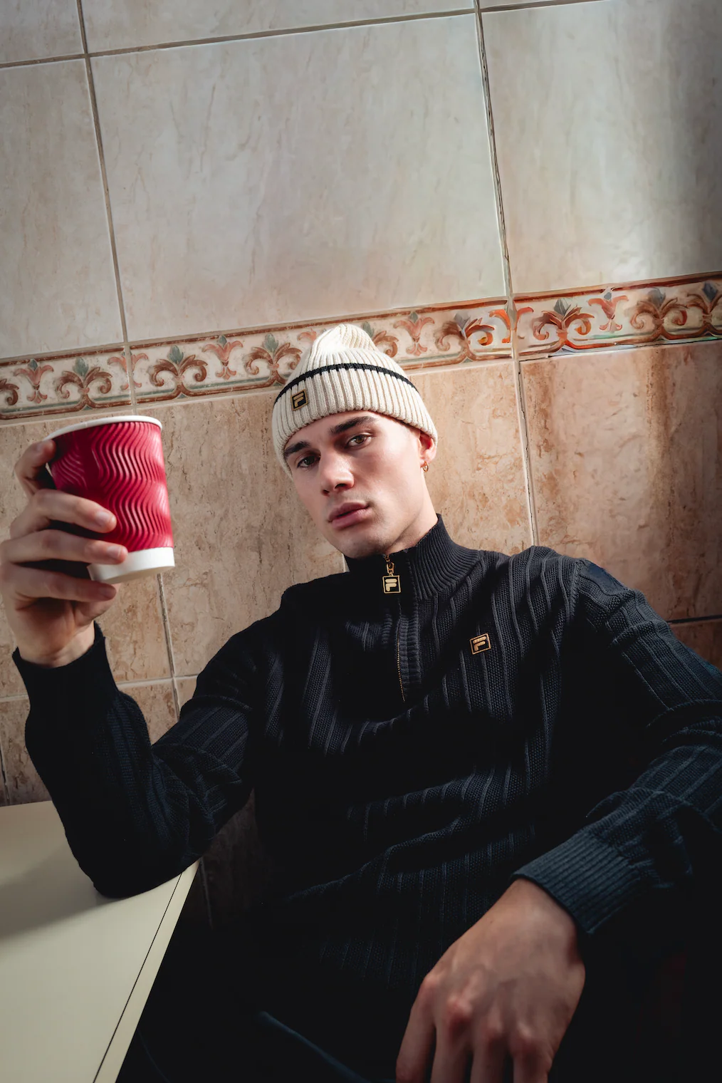Black Stevie 1/4 Zip Funnel Neck Textured Knit - Image 2