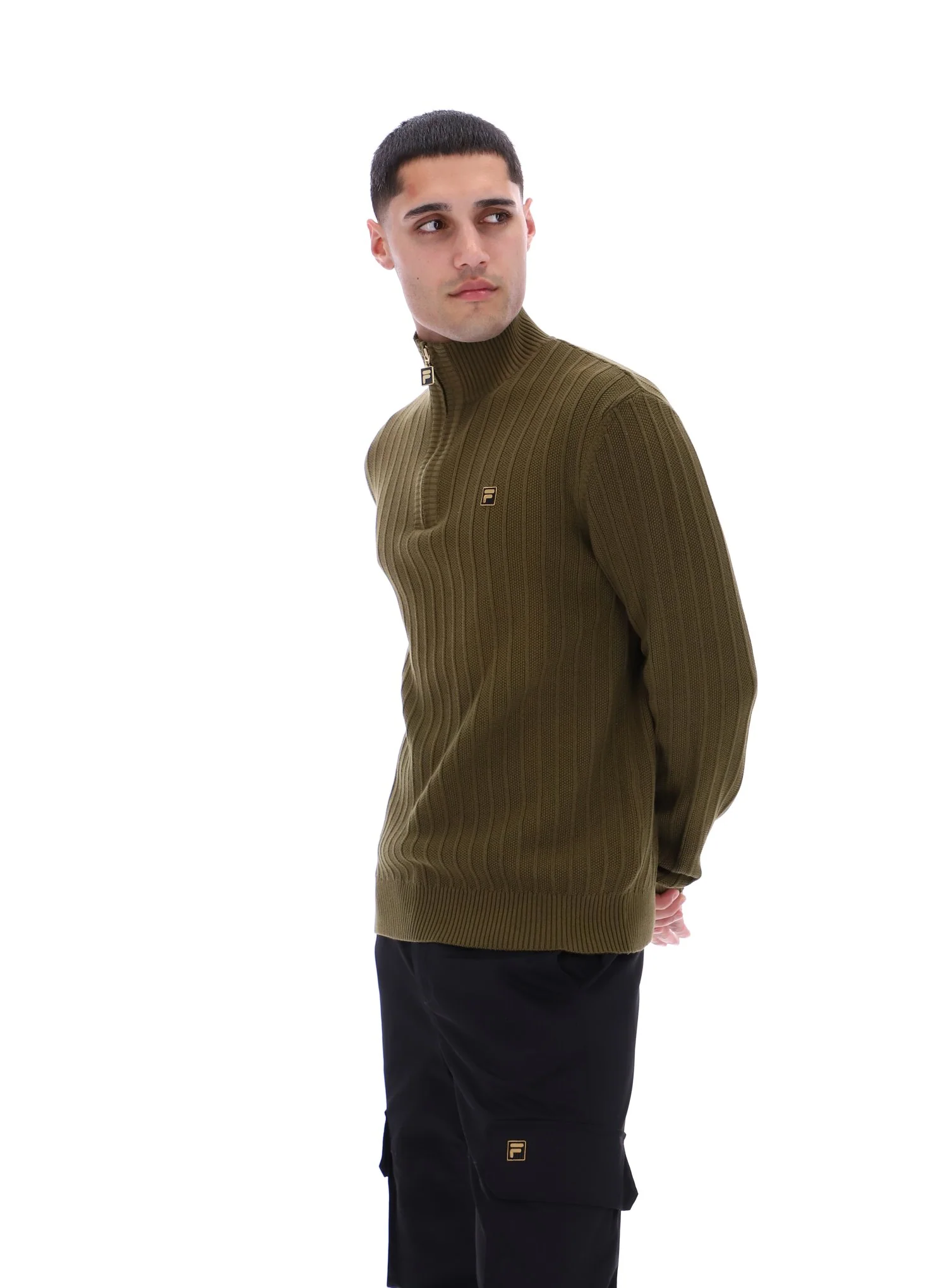 Dark Olive Stevie 1/4 Zip Funnel Neck Textured Knit - Image 2
