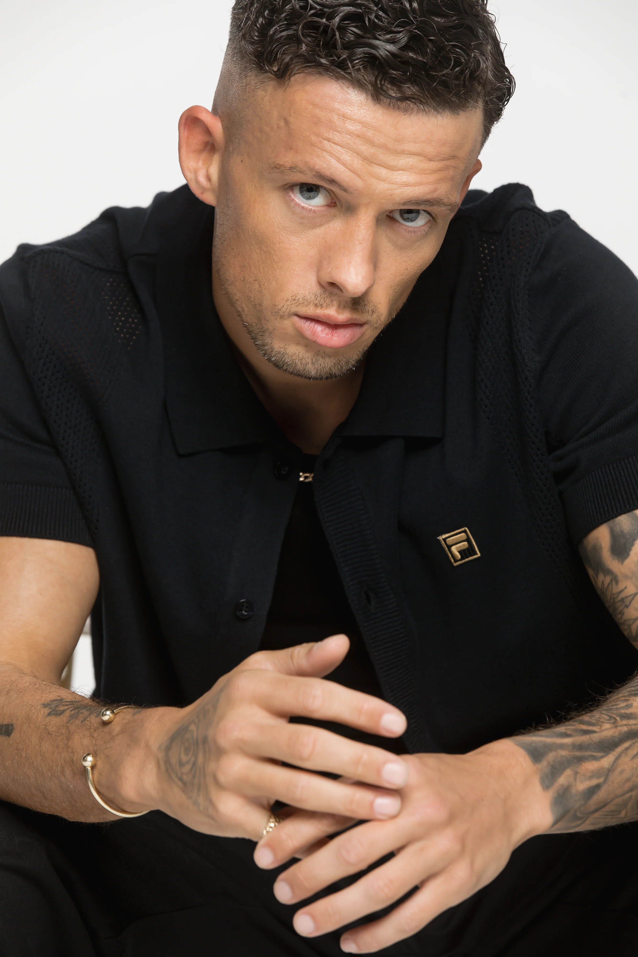 Black Walter Open Knit Pointelle Panel Polo - Image 3